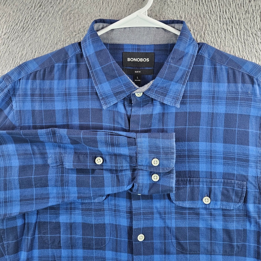 Bonobos Mens Slim Fit Blue Plaid Flannel Button Down Shirt Large